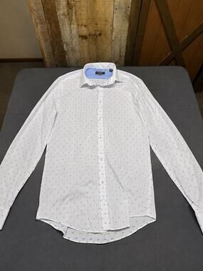 Original Penguin Mens Dress Shirt 15.5 34/35 Skinny Fit White Geometric Print